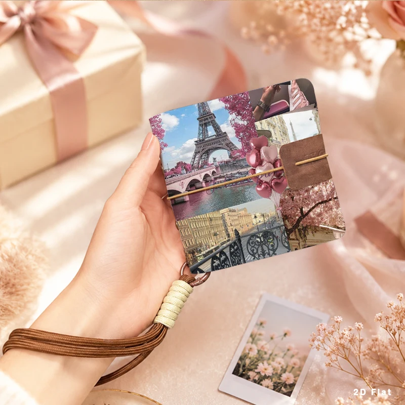 Paris Eiffel Tower Cherry Blossom Collage Print Mini Photo Album with Wrist Strap, Portable Pocket Photo Storage Book for 3 Inch