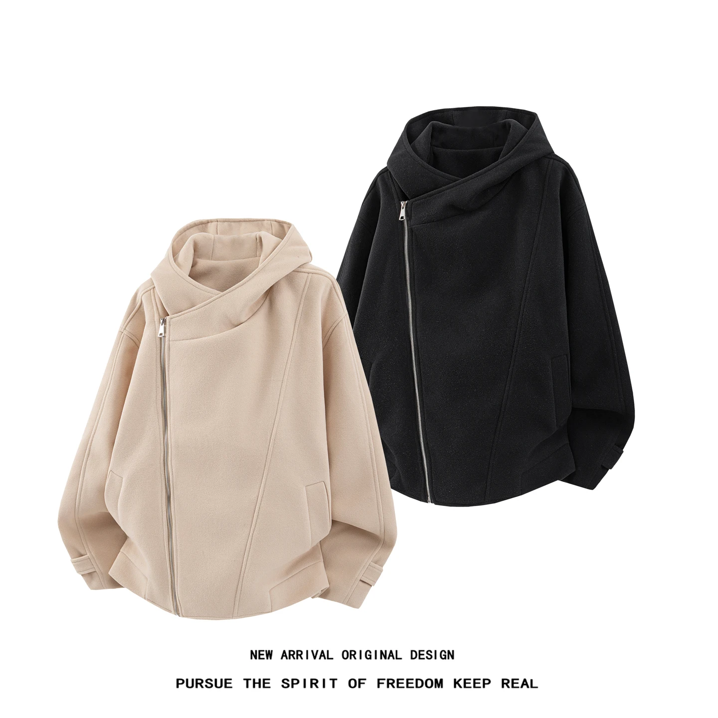 Personalized Diagonal Zipper Woolen Hooded Jackets For Men Plus Size 5XL Solid Color Autumn Winter Warm Men's Casual Loose Coats