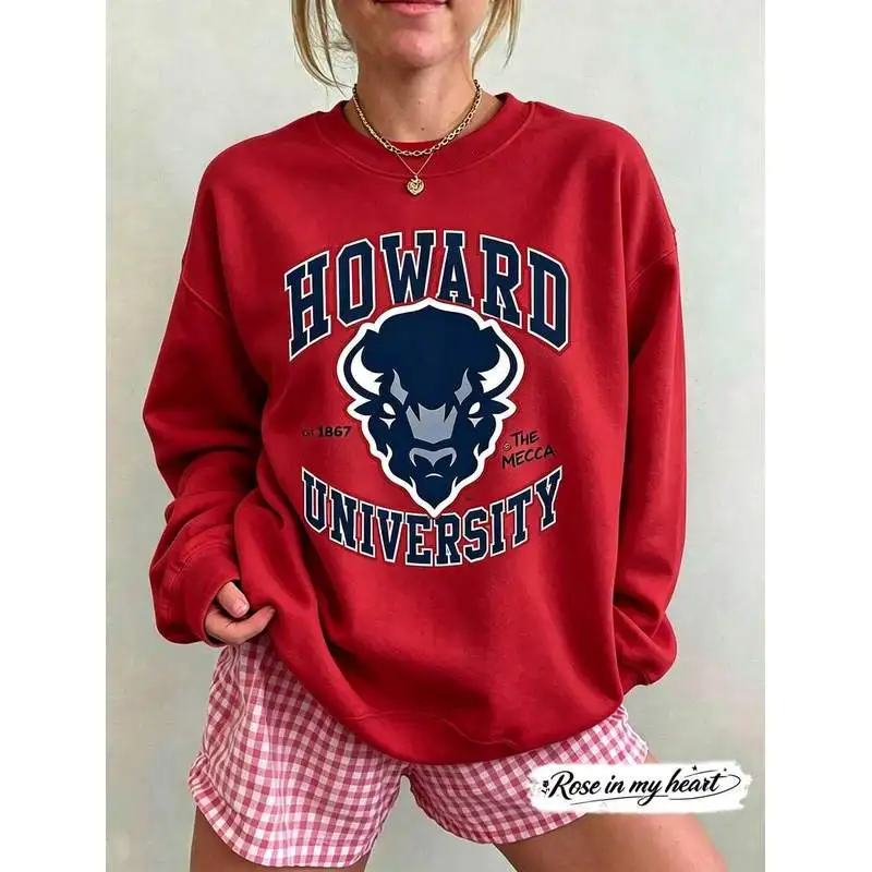 Howard University Bison sweatshirt,Patterned crew neck long sleeve pullover，Women's autumn and winter fleece-lined top