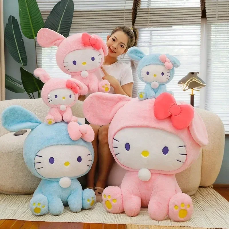 

Новая 30-60 см милая плюшевая игрушка «Hello Kitty Turn Into Rabbit», мягкая аниме с длинными ушками, плюшевые игрушки «Hello Kitty», подарки на день рождения для девочек