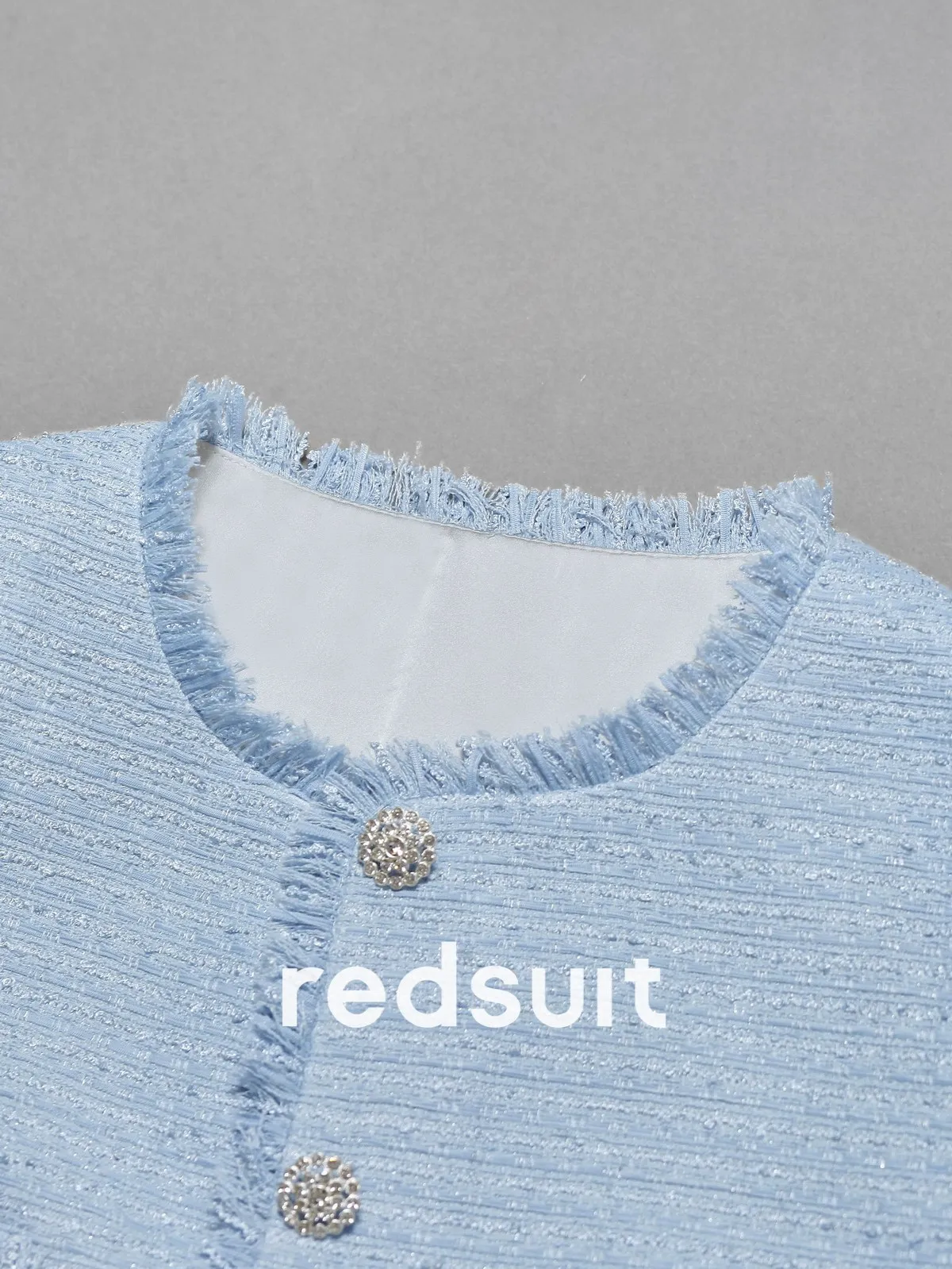 New Micro shiny texture coarse tweed exquisite diamond button blue tassel short sleeved top Custom Size