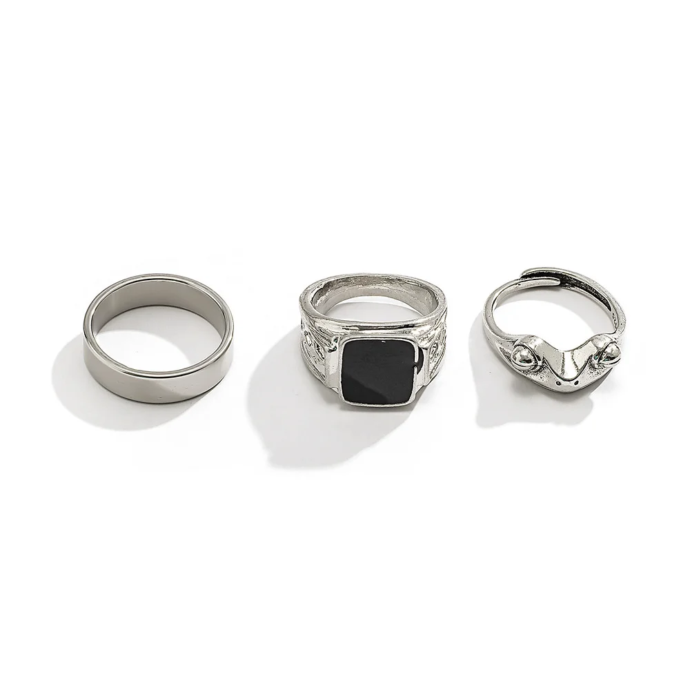 Geschnitzter Frosch Ring-Set mit quadratischer Platte für Herren, silberfarben, polierter Schmuck, verziertes Siegelring-Detail, kühne abstrakte Ringe – Detail 5