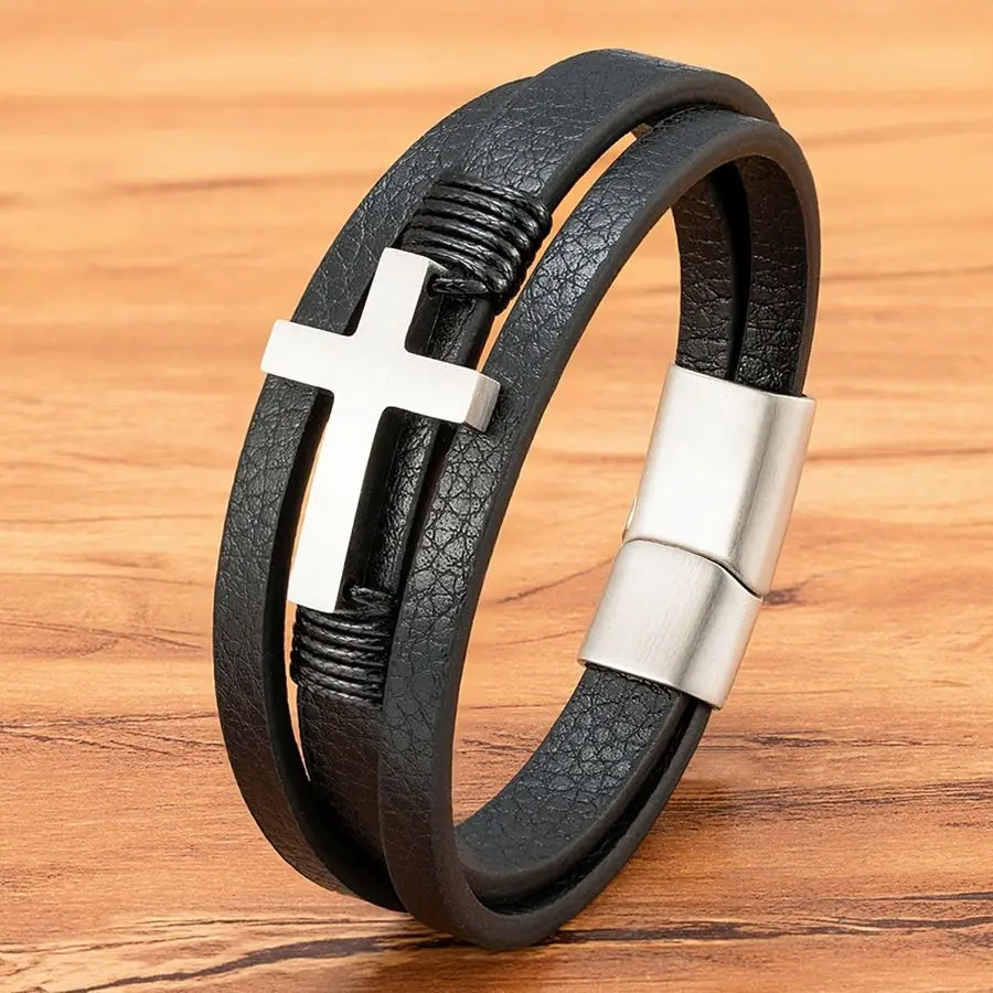 

XQNI Classic Cross Men Bracelets Leather Stainless Steel Magnet Clasp Charms Handmade Bracelet Homme Men's Christmas Gifts