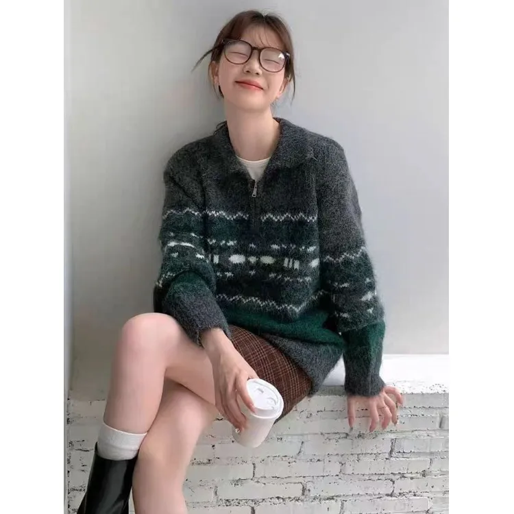 Retro koreański sweter rozpinany z dzianiny w stylu Fair Isle, damski, jesienno-zimowy, luźny sweter z kołnierzykiem typu jaet, mały rozmiar