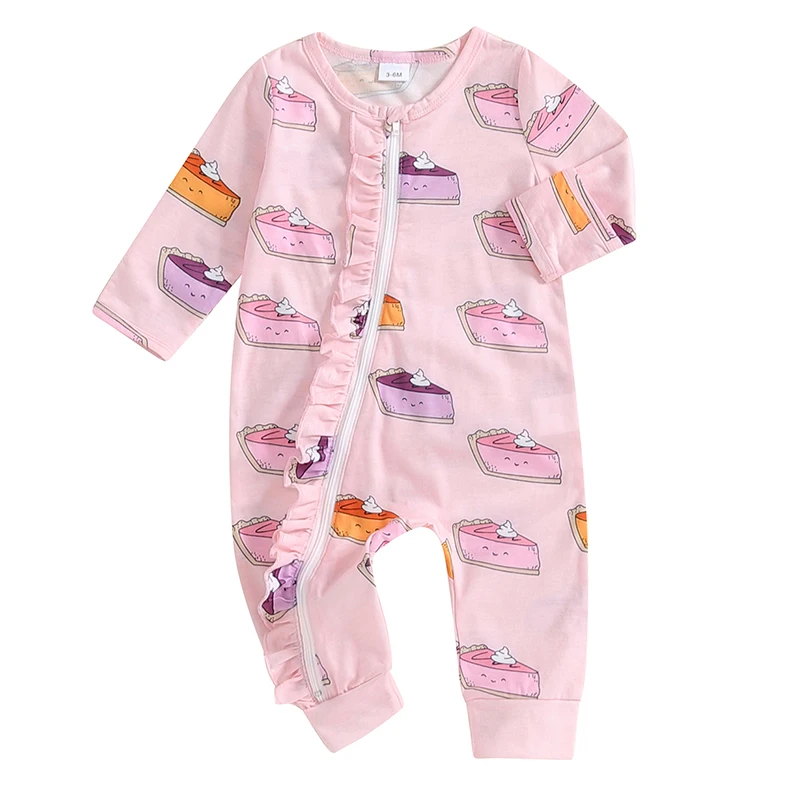 

Baby Girl Fall Zipper Romper Cake Bowknot Print Long Sleeve Crew Neck Ruffled Full Length Jumpsuit