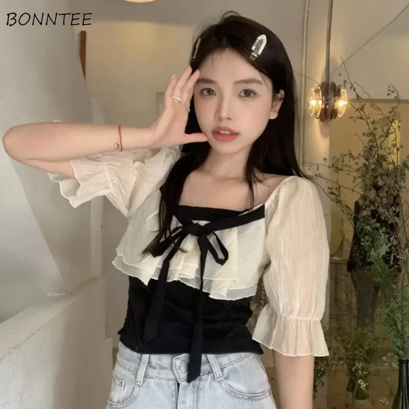 Blouses Women Kawaii Princess Summer New Patchwork Gentle Korean Style Prevalent Square Collar Streetwear Casual All-match Slim