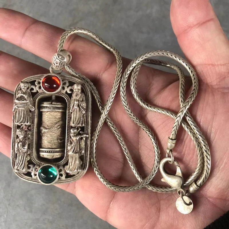 ヴィンテージユーズド加工チベットシルバーペンダントセーターチェーン、ジェムストーンセーターチェーン、白銅、12干支、エスニックスタイル、p
