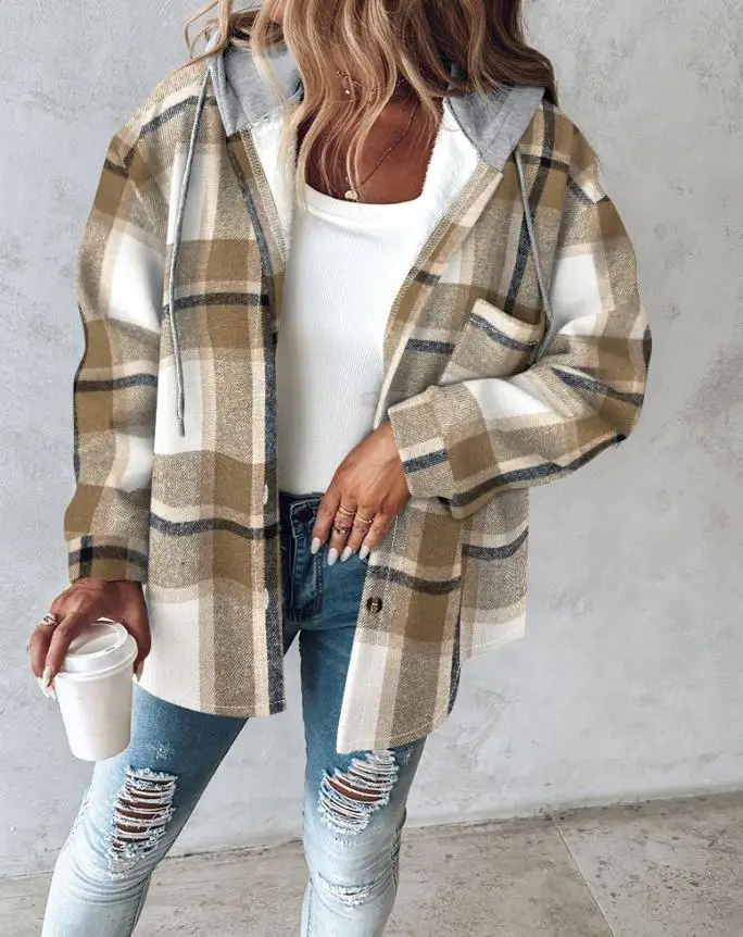 

Women's Jacket Daily Clothing New Fashion Plaid Pattern Long Sleeve Shacket Button Down Fleece Lined Hooded Jackets Warm Coat