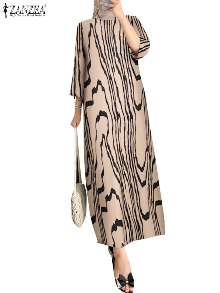 ZANZEA Ripple Printing O Neck Maxi Dress Casual 3/4 manica donna moda musulmana abito lungo caftano allentato eleganti abiti islamici