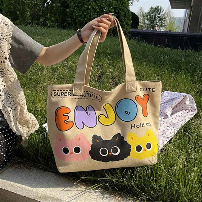 Letter Printed Tote Bag, Cute Cartoon Canvas Handbag Shoulder Bag, Large Capacity Shopping Bag, Campus Computer School Book Bag