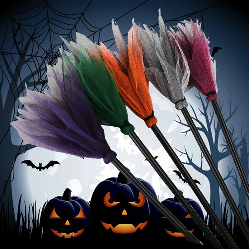 Halloween Party Witch Broom Purple Orange Green Broom For Masquerade Halloween Cosplay Costume Accessories Kids Toy Gift