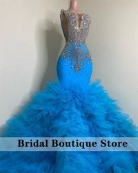 Blue Prom Dresses 2026 Luxuy Diamond Rhinestone Ruffle Long Birthday Party Gowns Afrcian Women Evening Dress Customized
