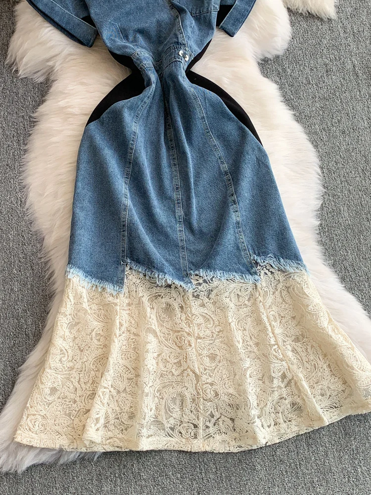 Retro Hong Kong Sle ort Sve Collar Dr Women's New High Waist Lace Splicing Slimming Fi Tail Skirt Dr