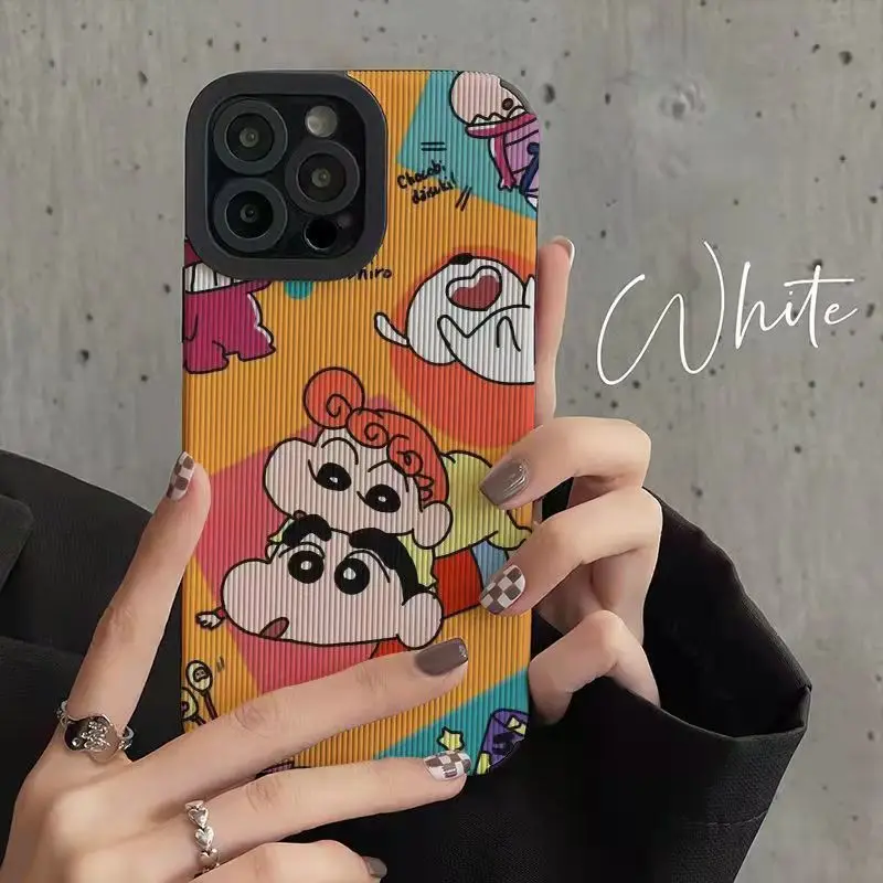 Linda Funda de Teléfono Crayon Shin-chan para iPhone 11 12 13 14 15 16 17 Pro Max Plus mini Shinchan Himawari Nohara, Funda de Cuero Suave