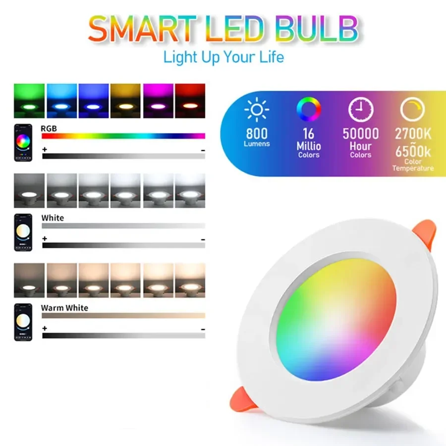 1-10PCS Tuya Bluetooth Smart LED Downlight 85-265V Dimmable LED Ceiling Recessed Down Light RGB +CW+WW Changeable Smart Lamp