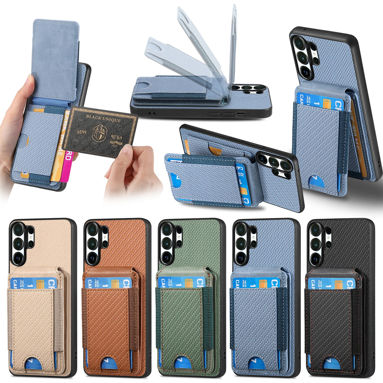 For Samsung Galaxy S26 Ultra S26 S25 S24 S23 Ultra Case Carbon Fiber Wallet Cards Solt Holder Folding Shockproof Hard Back Cover