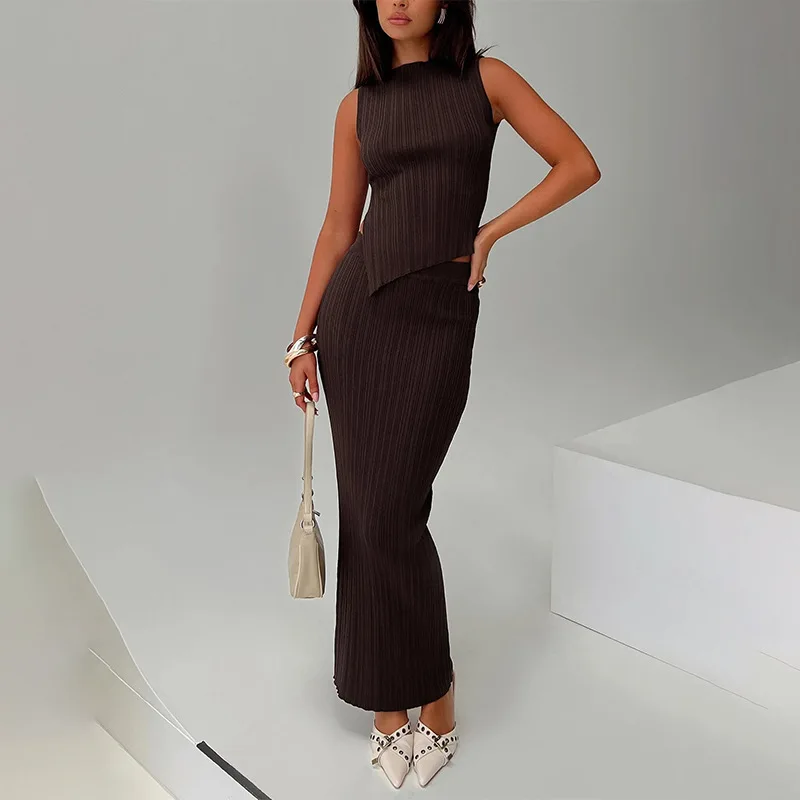 

Summer New Pure Color round Ne Unaltered Asymmetrical Top High Waist Long Skirt Slimming Two Piece Set Women's Faion