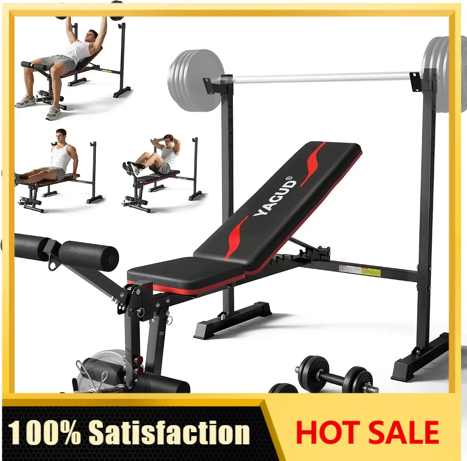 Weight Bench Set, 880LBS Adjustable Bench Press Set with Leg Extension and Barbell Rack, Safety Bar Catches, Fasting Foldable