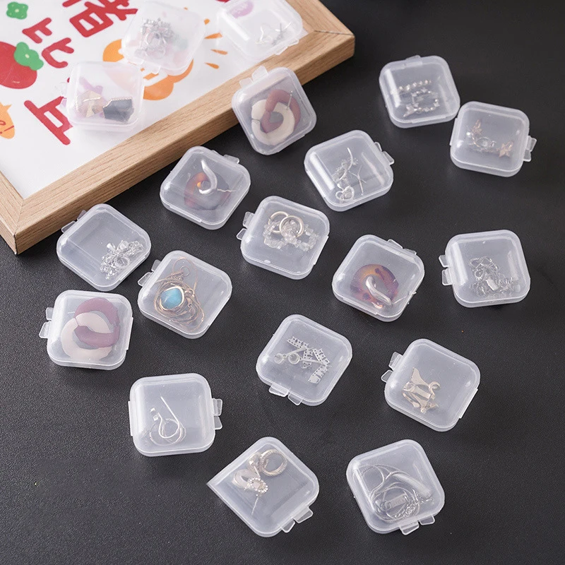 Mini caja de almacenamiento de plástico, contenedor de píldoras portátil con tapa cuadrada transparente, soporte para joyería, pendientes, pequeño estuche de exhibición de embalaje