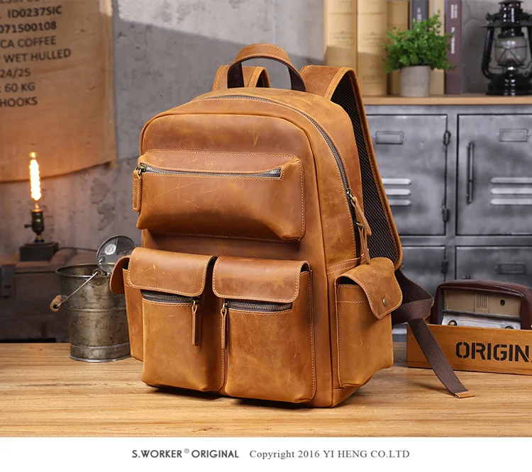 PNDME Vintage handgefertigter Crazy-Horse-Rucksack aus Rindsleder für Männer und Frauen, Outdoor-Reise-Schulrucksack aus echtem Leder mit großem Fassungsvermögen. – Detail 6
