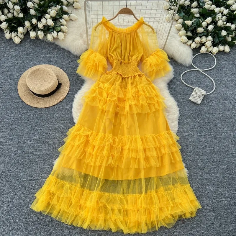Chic plissé élégant manches courtes évasées col rond maille robes Vintage mode coréenne soirée décontracté femmes vêtements d'été