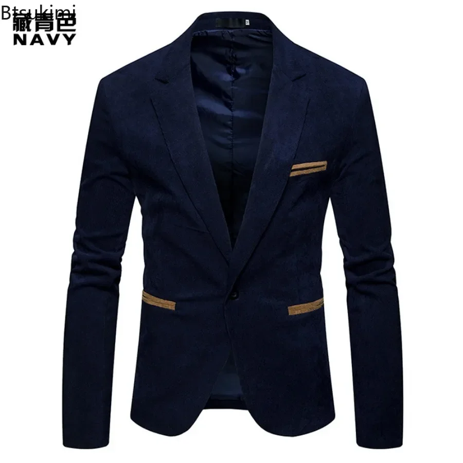 New High Quality Men\'s Leisure Corduroy Blazers Jacket Fashion Patchwork Single Button Casual Slim Suit Jacket for Men Clothing