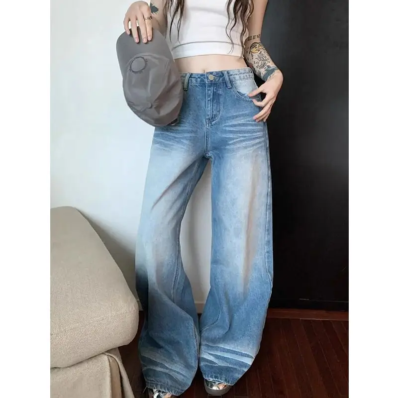 

Vintage Women's Blue Wide Leg Jeans Pear Shaped Slimming High Waisted Denim Pants Casual Loose Fit Floor Length Denim Trousers