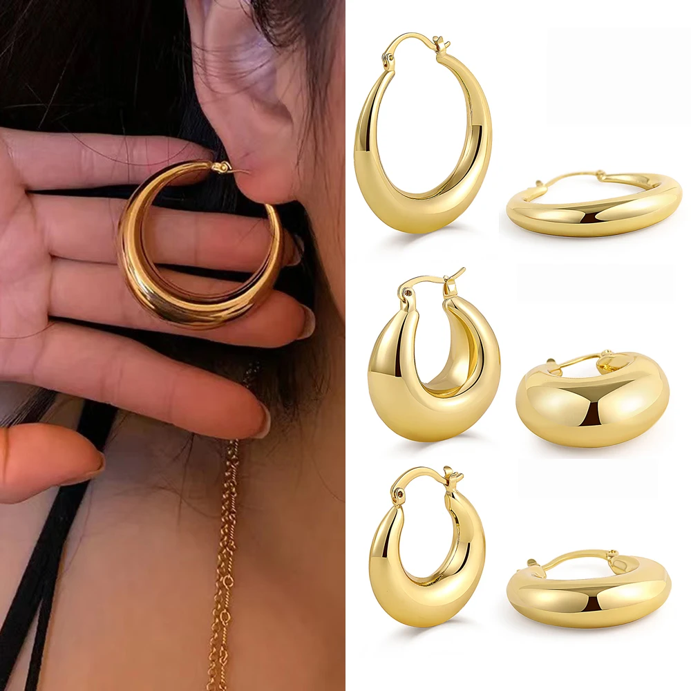 Punk Rock Gold Plated Stainless Steel Chunky Hoop Earrings for Women Hollow Round Circle Thick Earrings Lightweight Jewelry