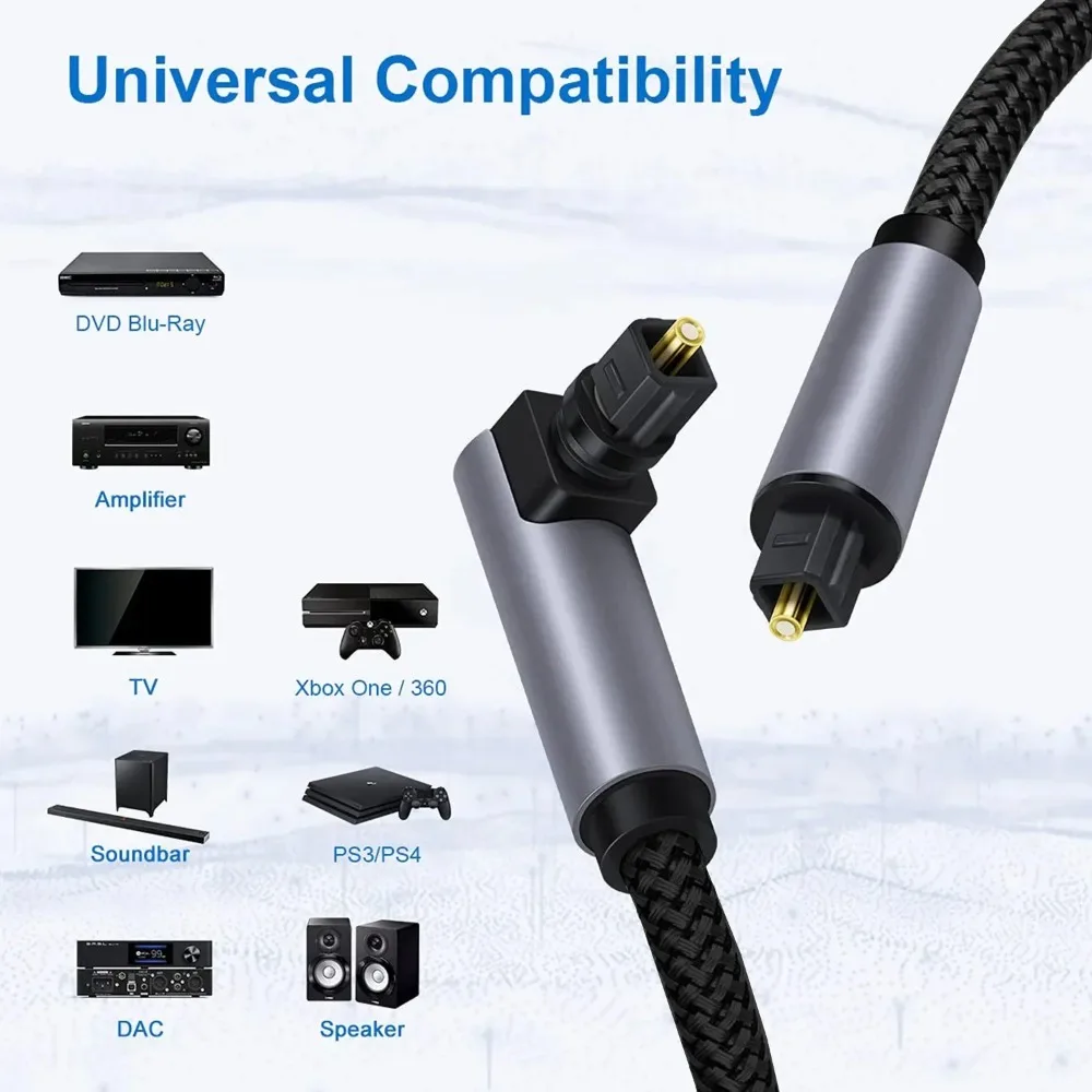 90 Degree Right Angle Toslink Optical Audio Cable SPDIF Digital Fiber Cable 5.1 Surround Sound for Soundbar Xbox Blu-ray Player