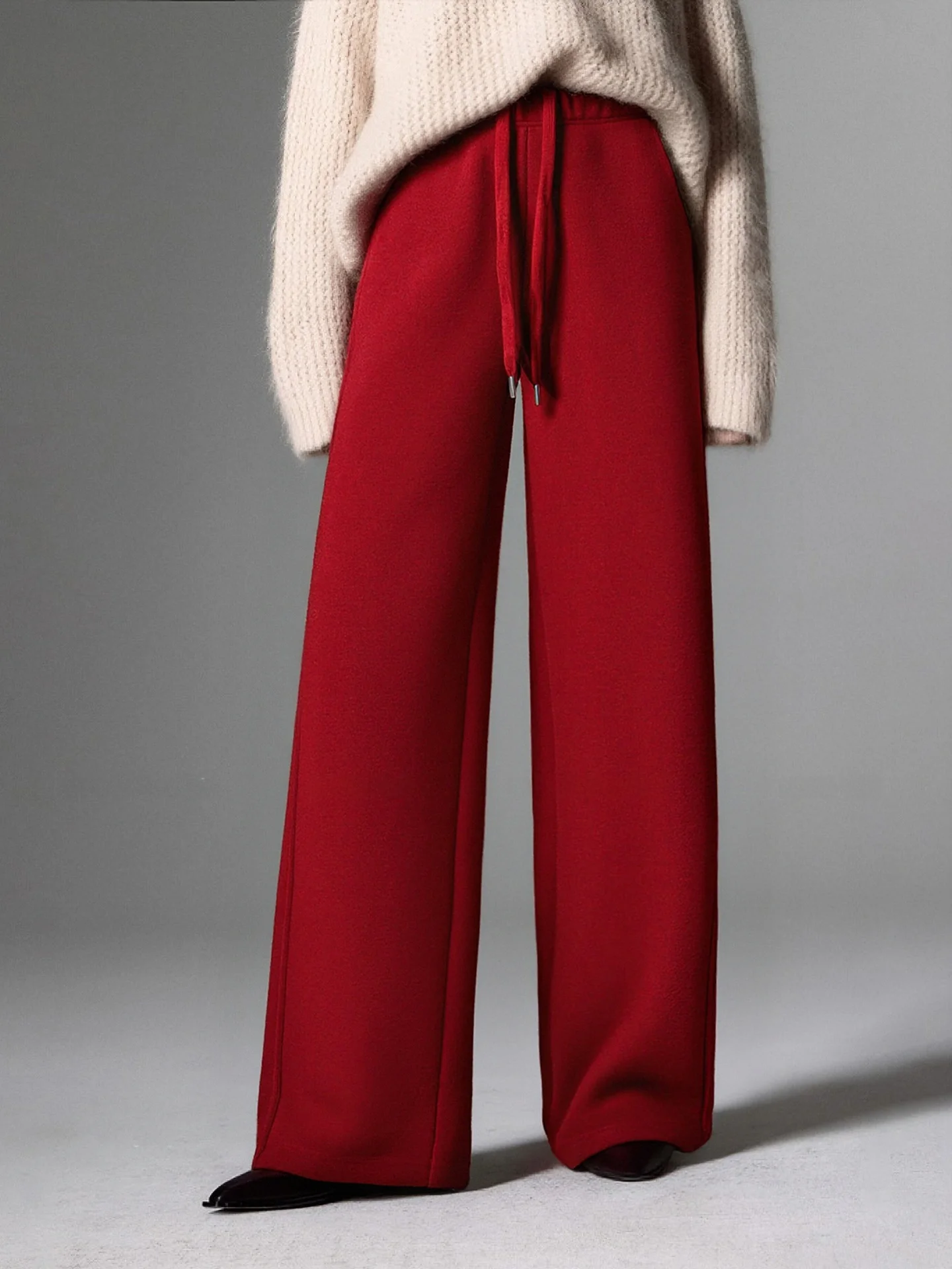 

Корейские модные шерстяные брюки с широкими штанинами для женщин, осенне-зимние утепленные прямые повседневные брюки с высокой талией и дизайнерским шнурком