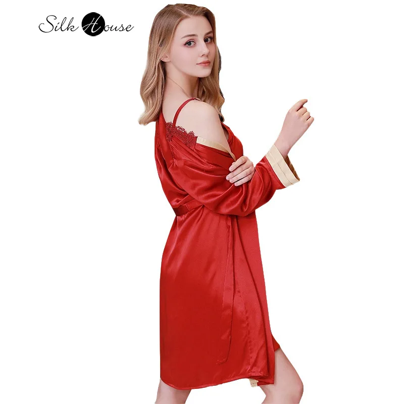 

2025 Women's Sexy Spring and Autumn New Heavy Weight 100% Natural Mulberry Silk Satin Strap Sleeping Robe Two Piece Set