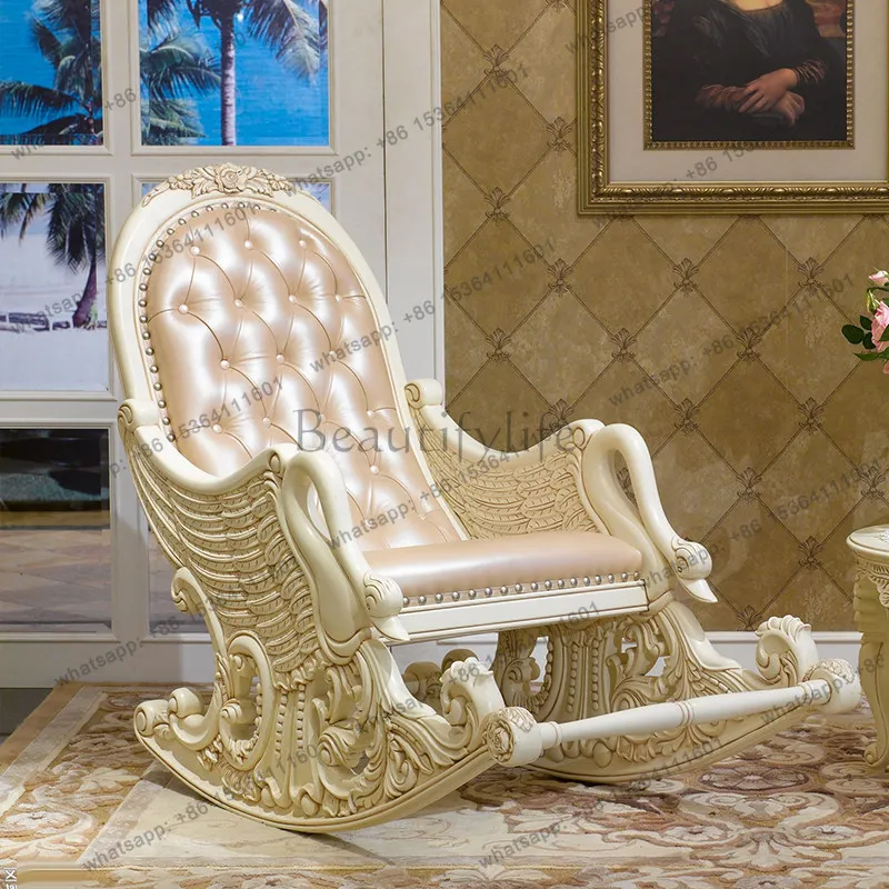 European ivory white carved rocking nap chair household all solid wood leather elderly recliner custom
