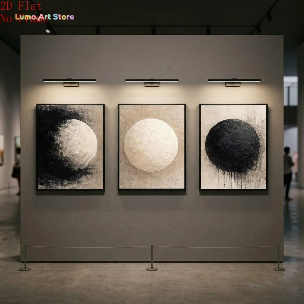 2D Flat, 2D Flat, 2D Flat 3-Panel Modern Abstract Black And White Spherical Art Decorative Paintings, Wall Art Canvas Prints,