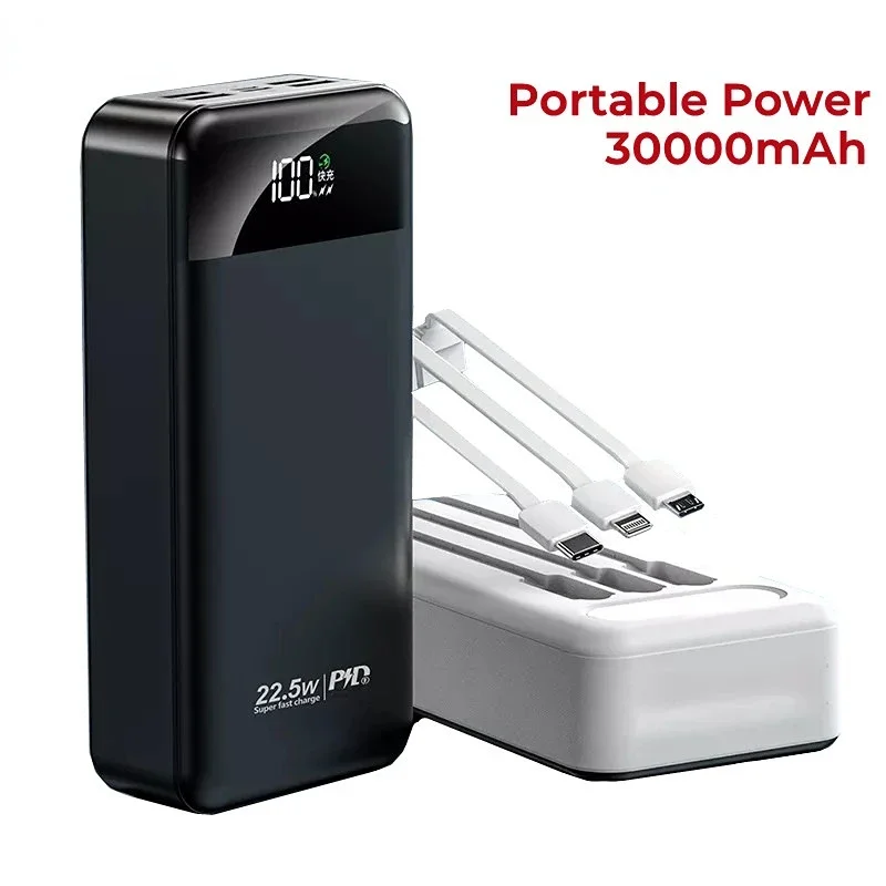 

30000mah 22.5W Quick Charging Power Bank with LED Flashlight Portable with Cables Power Bank