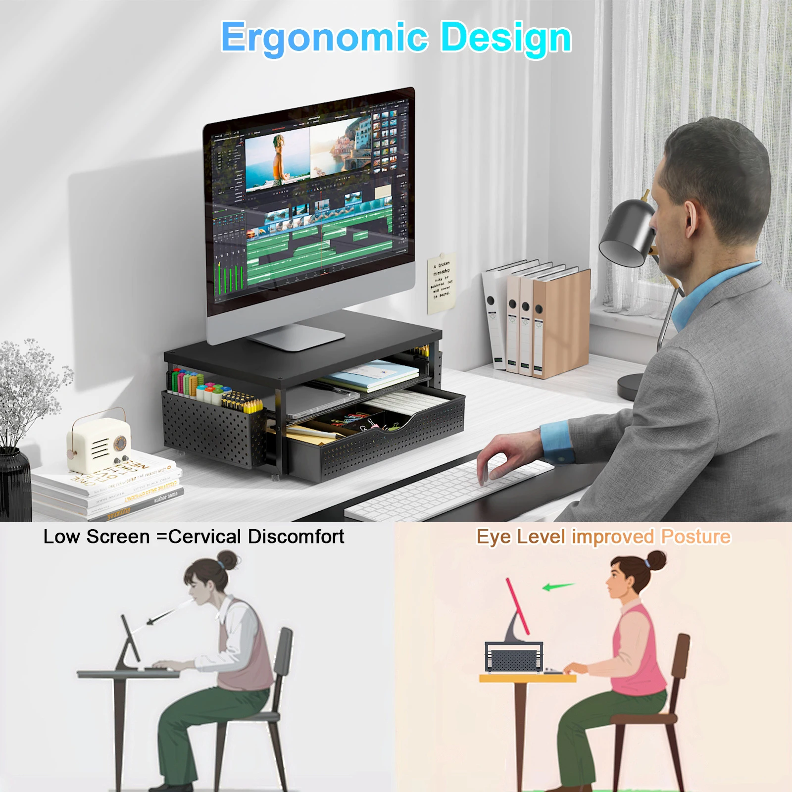 

2-Tier Computer Monitor Stand Riser with Drawer and 2 Pen Holders Office Organizer Laptop Riser Office Desk Accessories