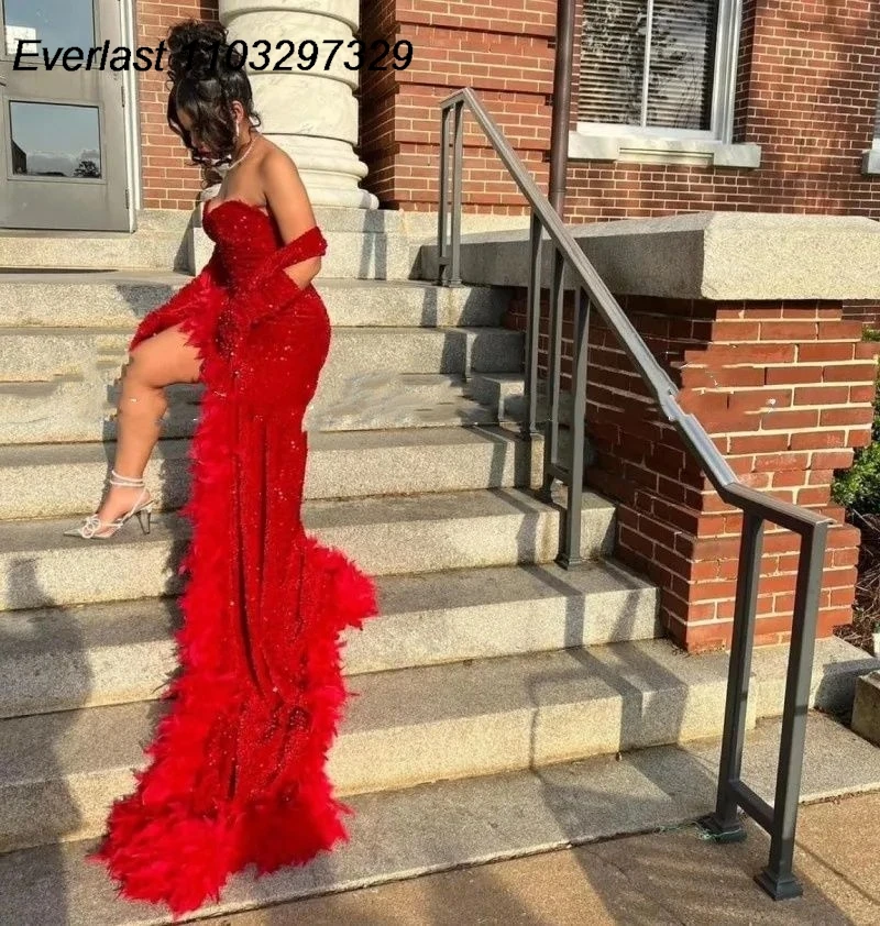 EVLAST Customized Red Mermaid Prom Dress For Black Girl 2024 Sweetheart High Split With Wrap Evening Gowns Robe De Soiree TPD40