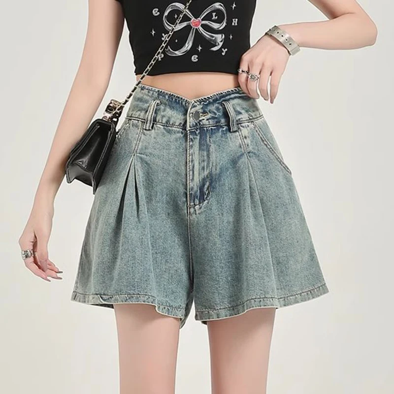 

Summer Female High Waisted Loose Jeans Women Chic Designer Short Pants Women Retro Casual A-line Denim Pants
