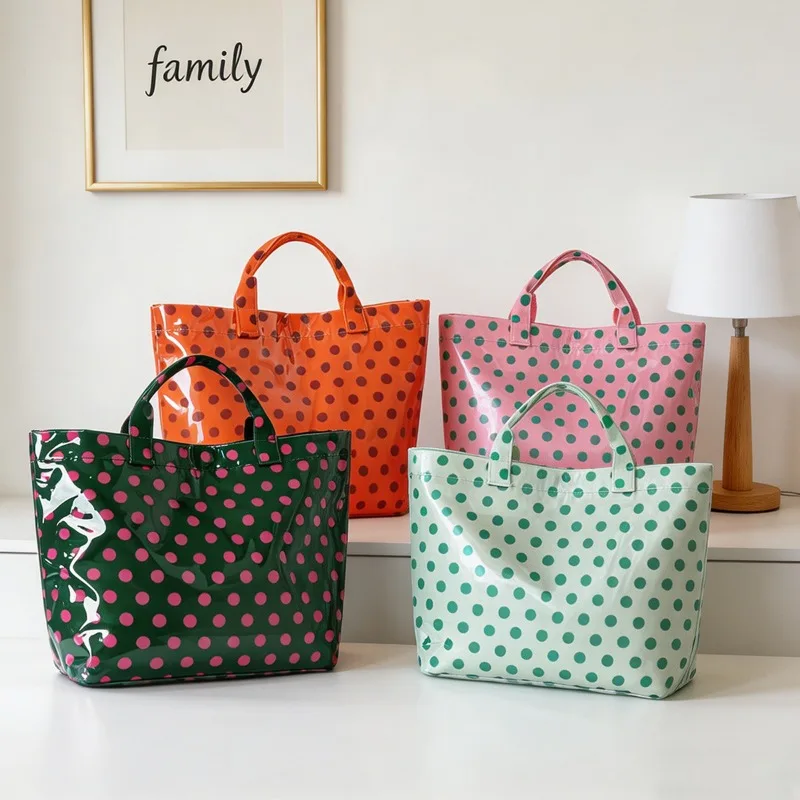 1pcs Handbag PVC Glossy Pink Base Green Polka Dot Print Large Capacity Waterproof Tote Bag