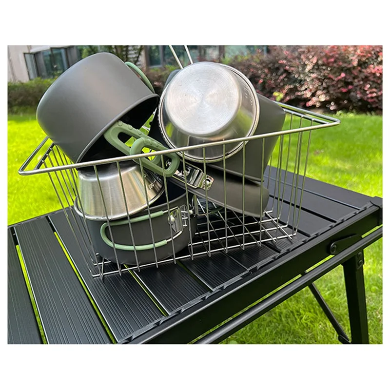 

A26F-Stainless Steel Camping Drain Basket Storage Basket Multifunctional Folding Basket For Table Side Expansion Rack