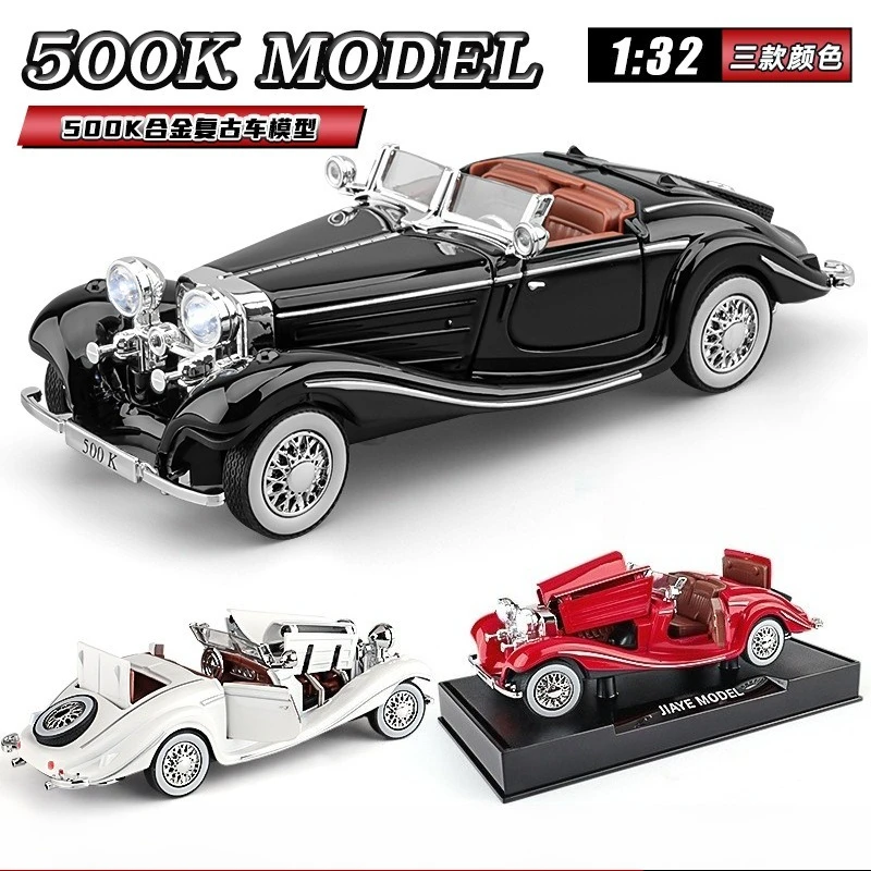 1:32 Benz 500K Retro Alloy Convertible Vintage Car Model Diecast Toys Ornament Doors Opened Sound Light Vehices Men Father Gift