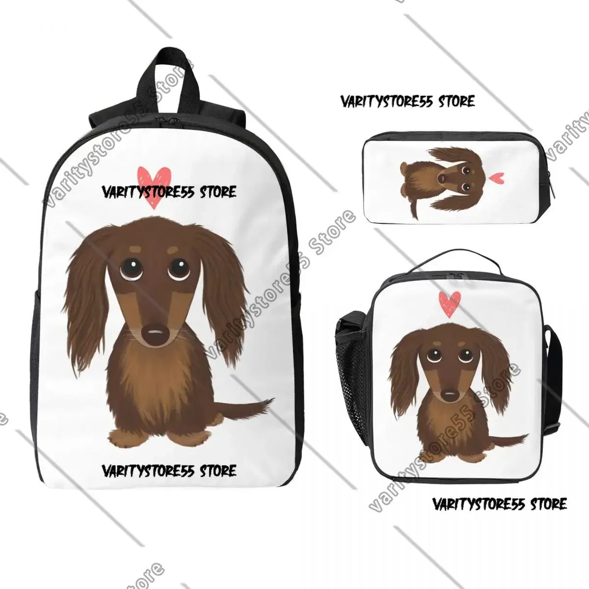 

Милый рюкзак-книжка для школы с длинношерстным шоколадным такшундом (вейнерхаундом) и сердцем, 3 предмета: термосумка для обедов и пенал