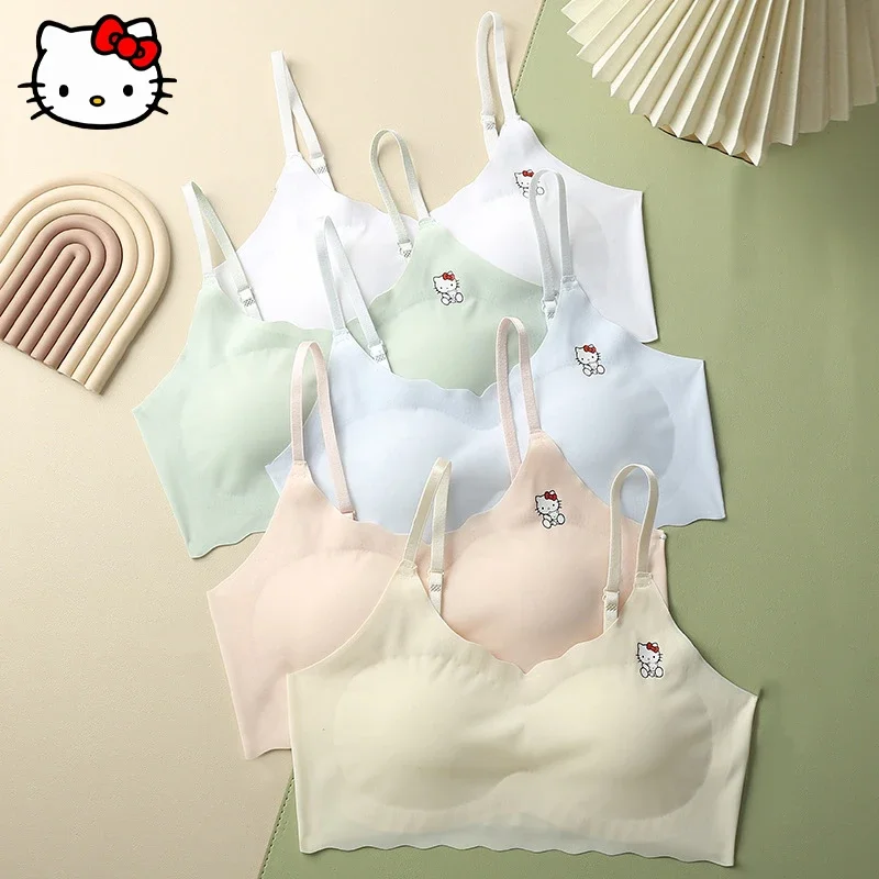 

Sanrio Hello Kitty Kawaii Bra Cute Cartoon Fun Student Children Seamless Ice Silk Underwear Summer Y2K Hot Girl Bra Pajamas Gift