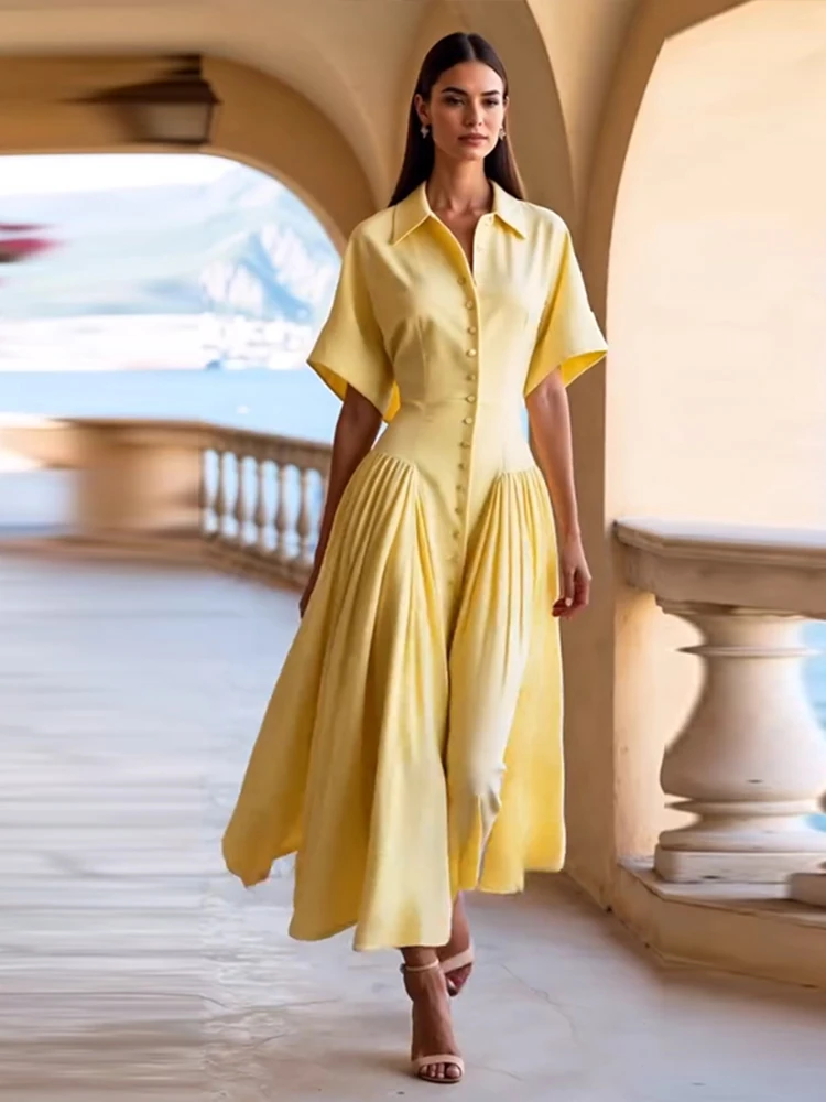 

Short Sleeves A-Line Shirt Long Dress Woman Solid Color Single Breasted Pleated Waist Cinching Dresses Casual Chic Women's Dress