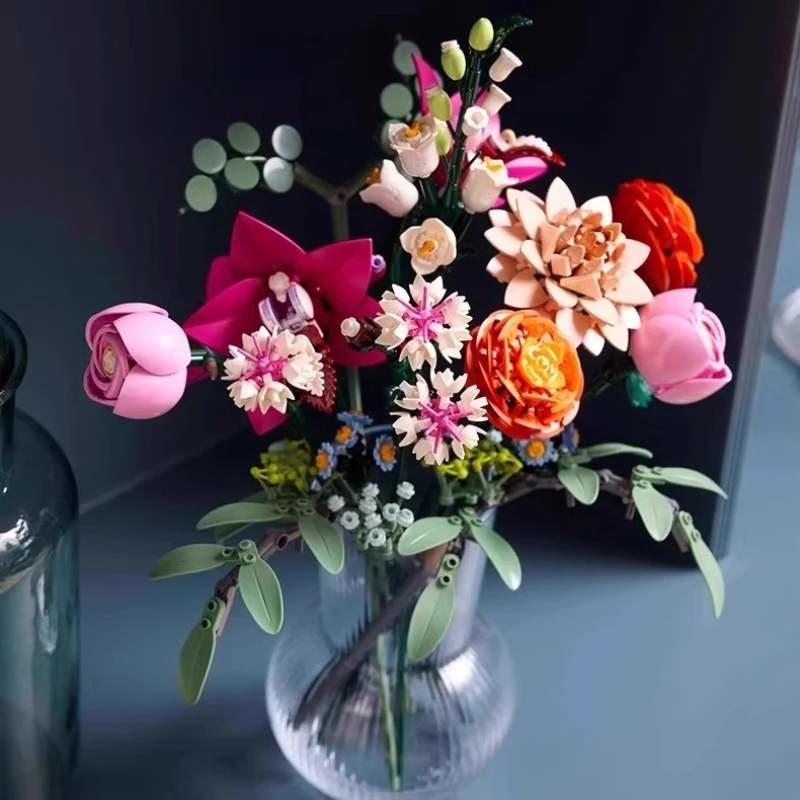 

DIY assembly building blocks romantic pink delicate bouquet decorate building block toys for girlfriend toysgift valentine's day