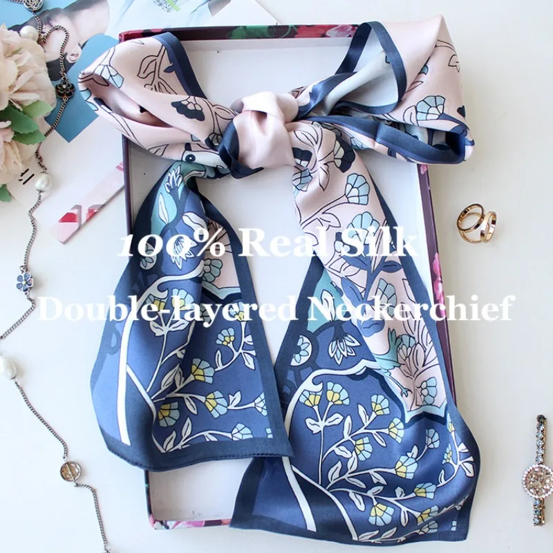 

Narrow Neckerchief High Quality Double Layer Silk Scarf Women 100% Mulberry Silk Elegant Bandana Hairband Neck Hair Accessories