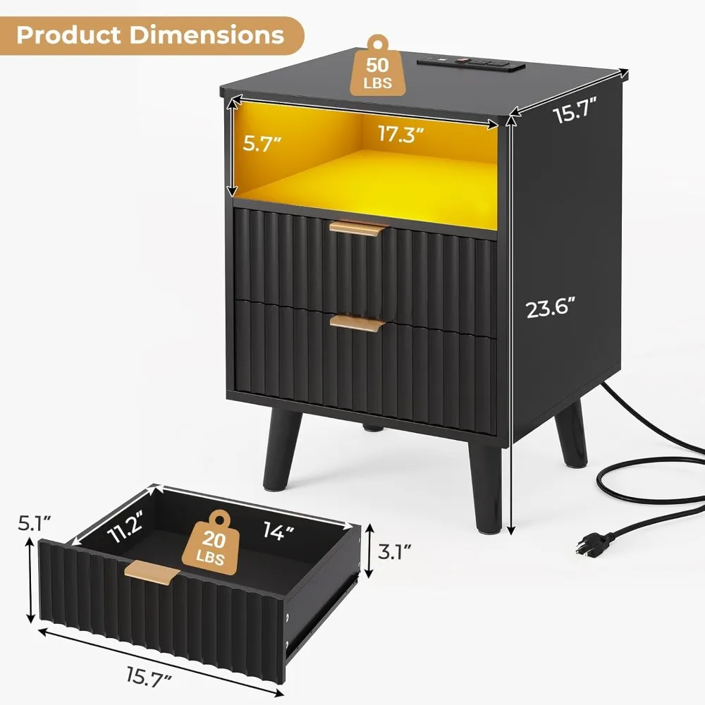 VIAGDO مجموعة منضدة مخددة مكونة من قطعتين مع قاعدة شحن وأضواء LED، مجموعة حامل ليلي حديث 2 مع درجين وتخزين مفتوح #2