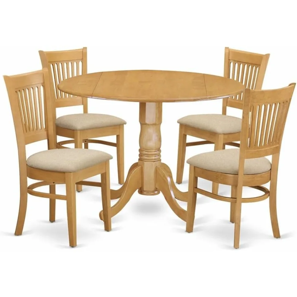 

East West Furniture Dublin 5 Piece Kitchen Set includes a Round Dining Room Table with Dropleaf and 4 Linen Fabric Upholstered