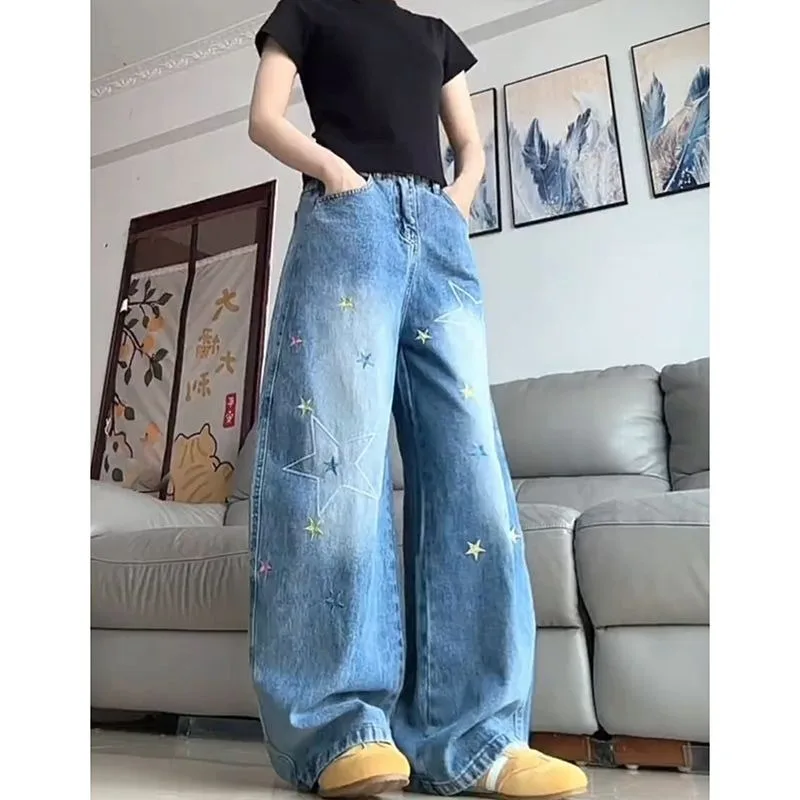 Women's Star Embroidered Baggy Jeans 2026 Spring New Y2K High Street Wide Leg Casual Floor-Length Denim Pants