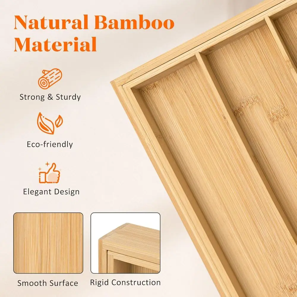 Расширяемый бамбуковый органайзер для кухонного ящика для посуды, ширина 21,4-36 дюймов, регулируемый поднос для столового серебра для хранения столовых приборов