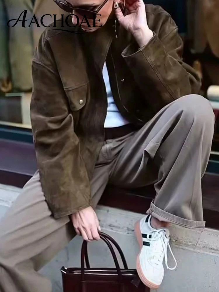 AACHOAE Women's Faux Suede Utility Bomber Jacket Stand Collar Zip Up Long Sleeve Flap Pocket Casual Cropped Outerwear